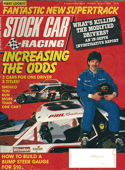 A young race car driver poses with his car on a racing magazine cover.