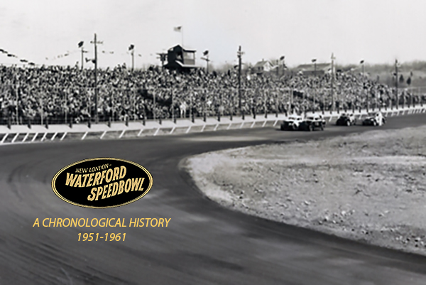 Vintage black-and-white photo of a race at Waterford Speedbowl with a large crowd.